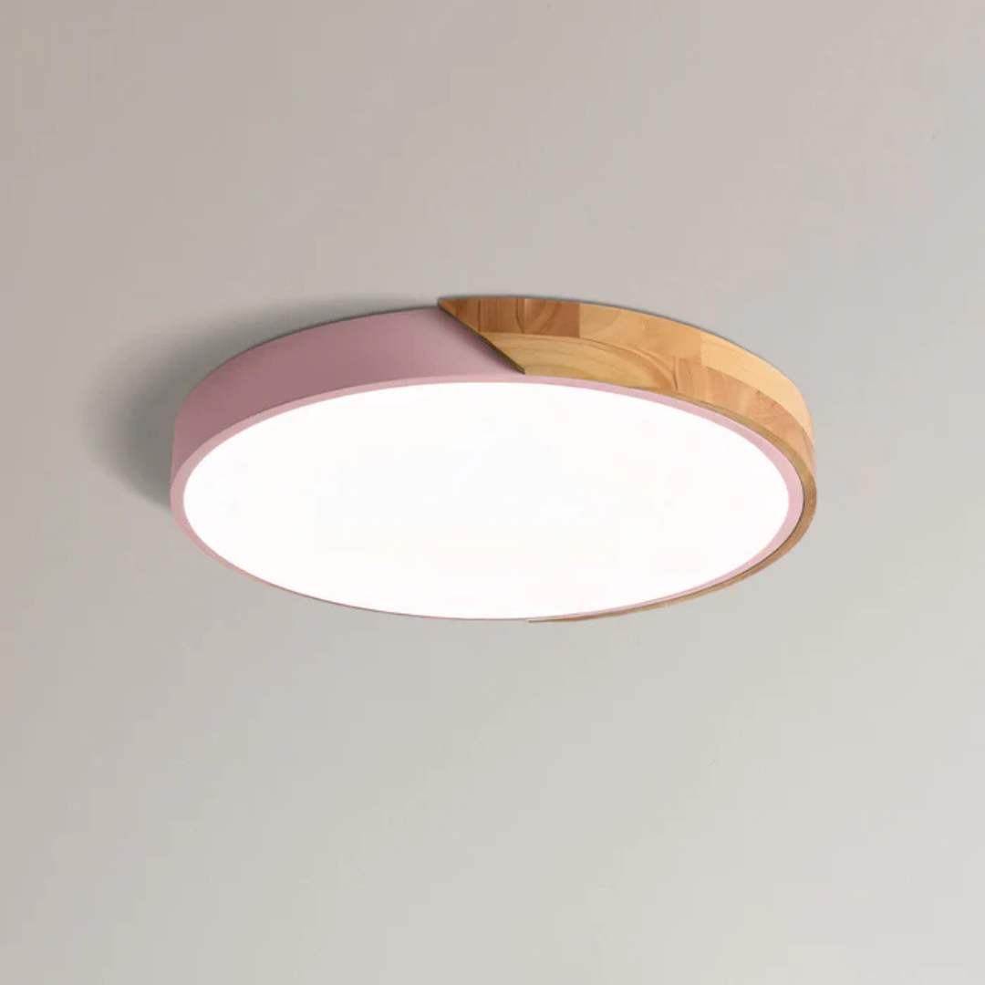 Scandinavian Wooden LED Flush Mount Ceiling Light – Adjustable Warmth & Dimming